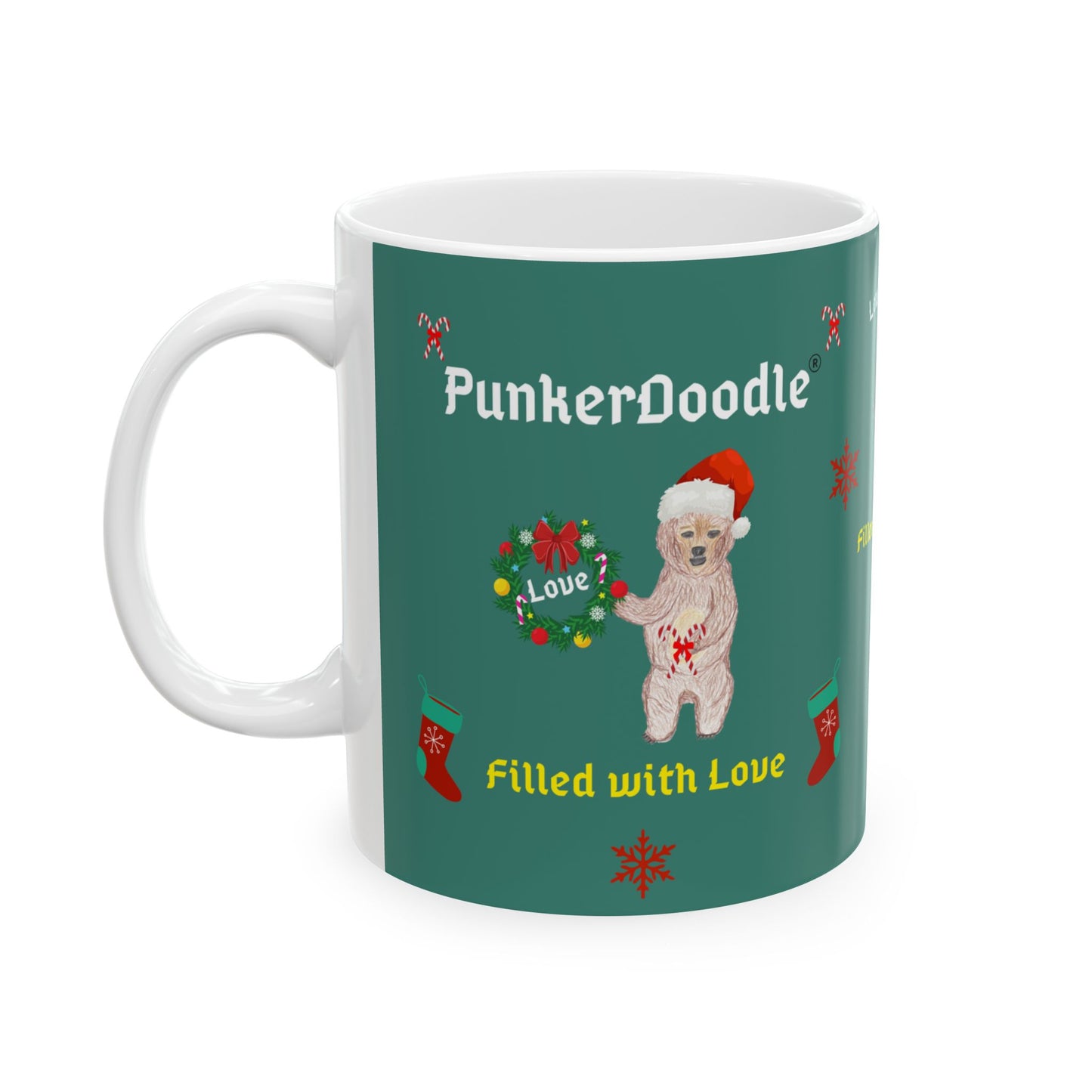 PunkerDoodle® " Filled with Love" Ceramic Holiday Mug, (11oz, 15oz)