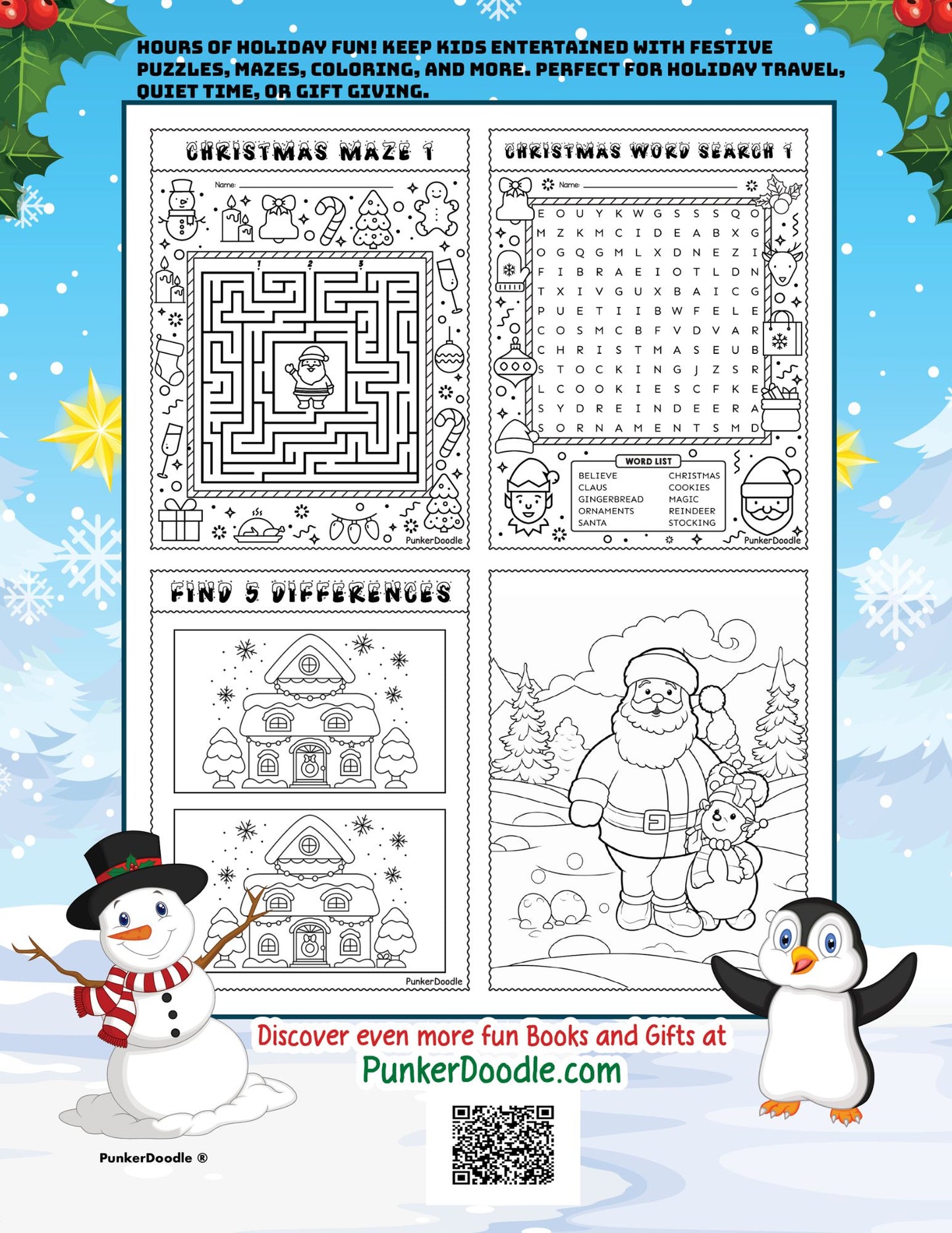 Back cover of Christmas Activity Book showing activity descriptions, sample pages preview, and product details with festive holiday border design and to discover more fun books and gifts at PunkerDoodle.com and has qr code