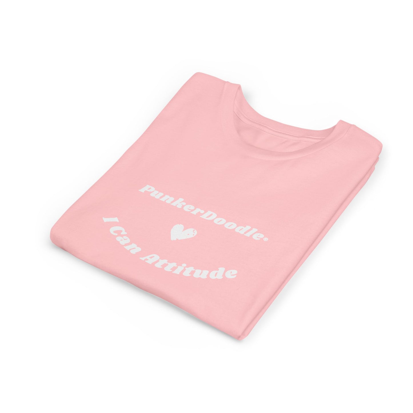 Folded view of pink PunkerDoodle® I Can Attitude™ shirt for kids, spreading a message of kindness and bold belief