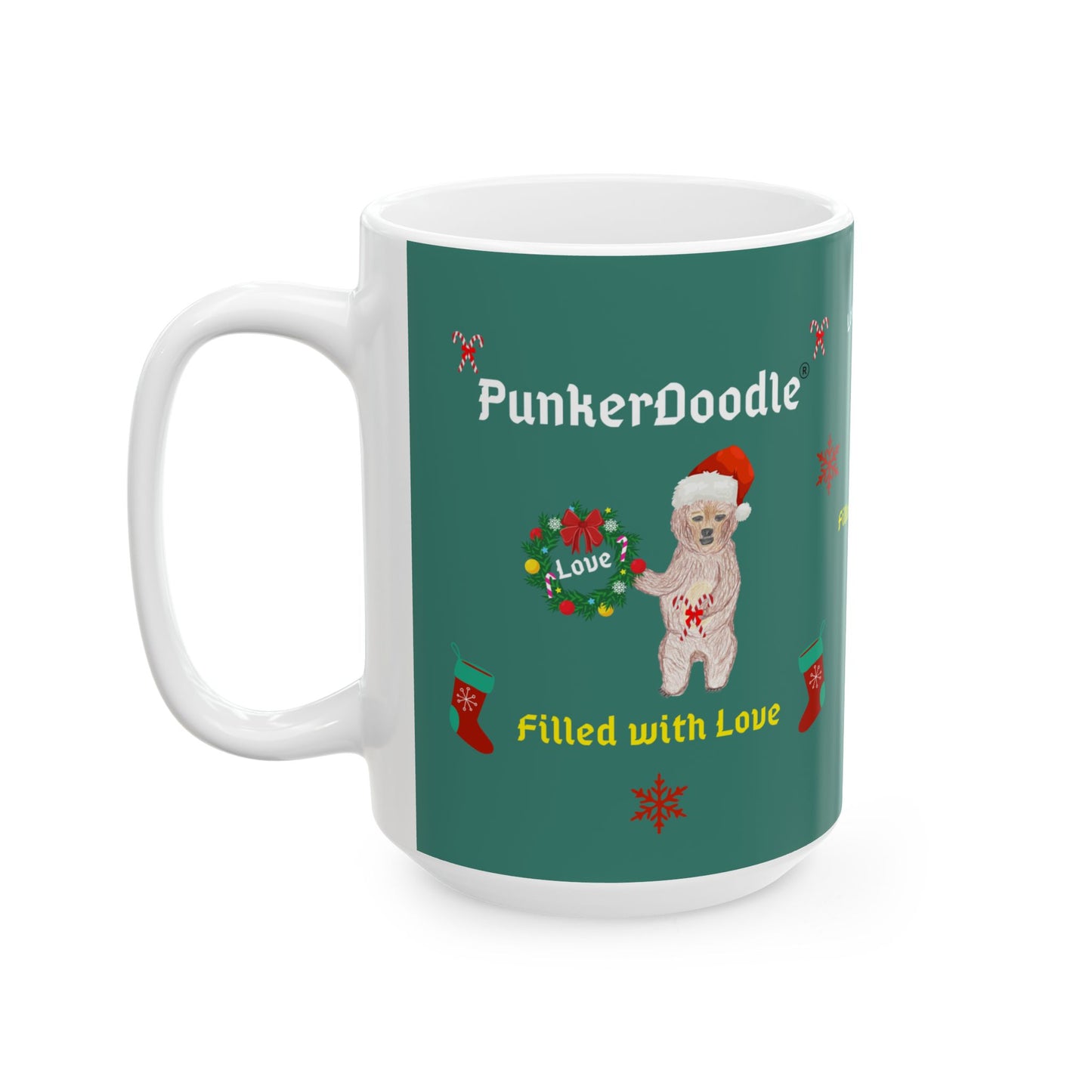 PunkerDoodle® " Filled with Love" Ceramic Holiday Mug, (11oz, 15oz)