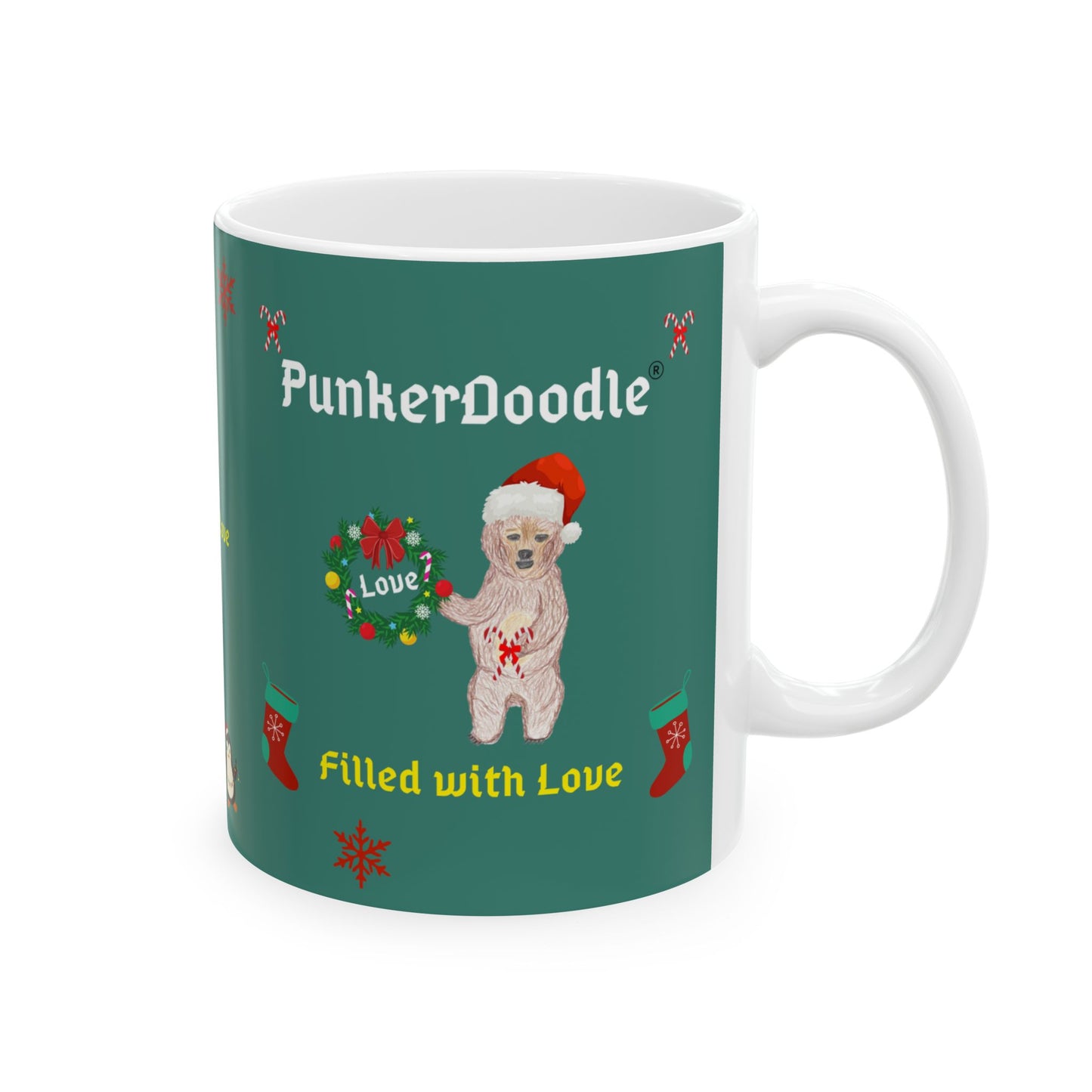 PunkerDoodle® " Filled with Love" Ceramic Holiday Mug, (11oz, 15oz)