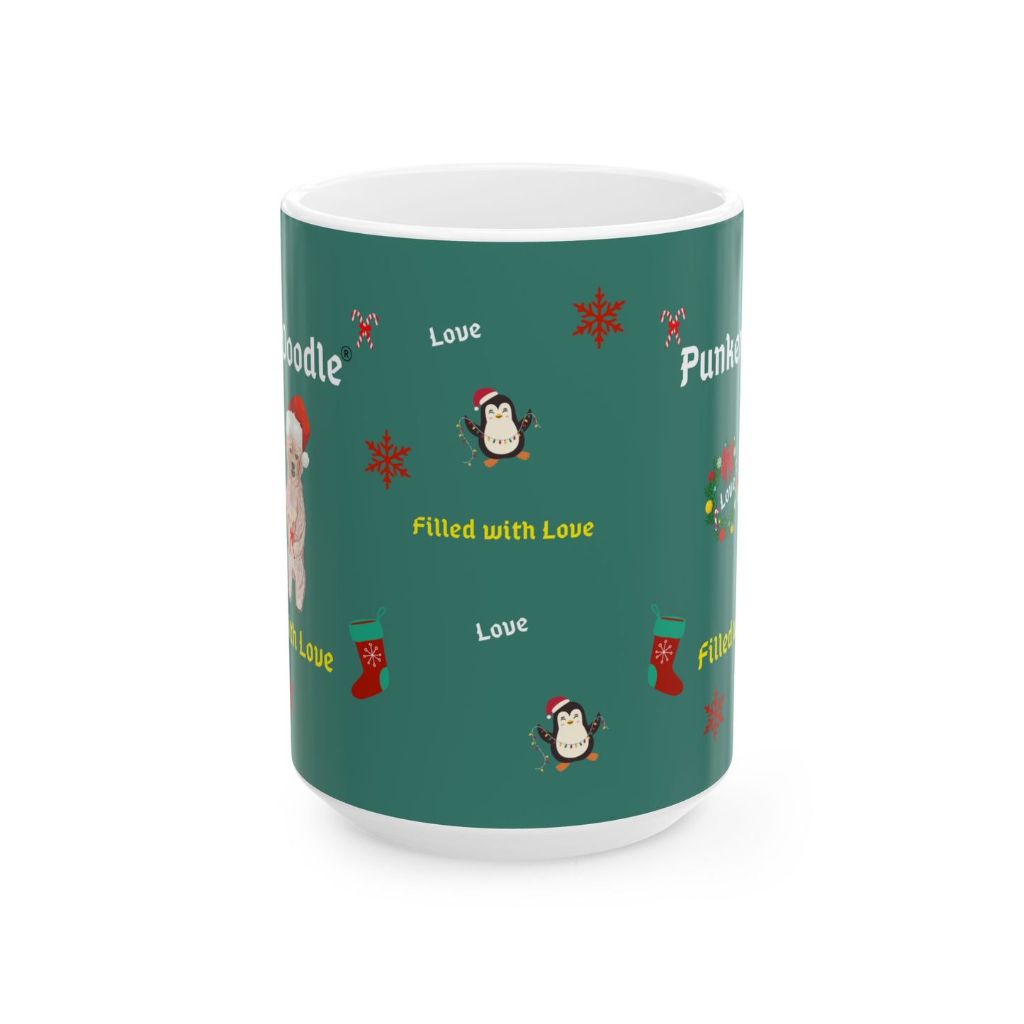 PunkerDoodle® " Filled with Love" Ceramic Holiday Mug, (11oz, 15oz)
