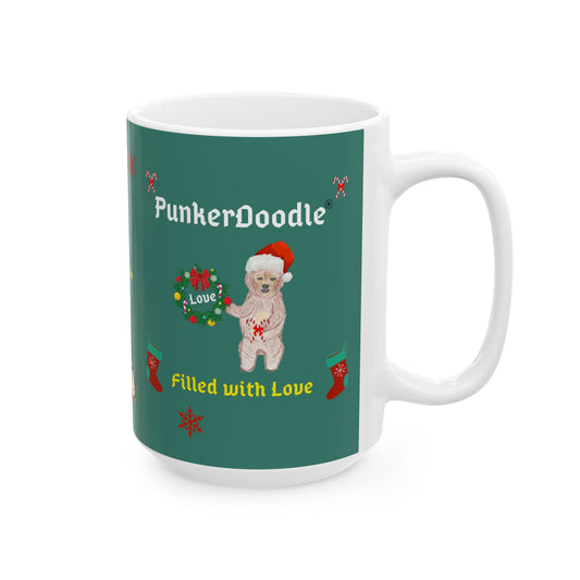 PunkerDoodle® " Filled with Love" Ceramic Holiday Mug, (11oz, 15oz)