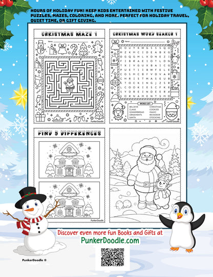 Back cover of Christmas Activity Book showing activity descriptions, sample pages preview, and product details with festive holiday border design and to discover more fun books and gifts at PunkerDoodle.com and has qr code