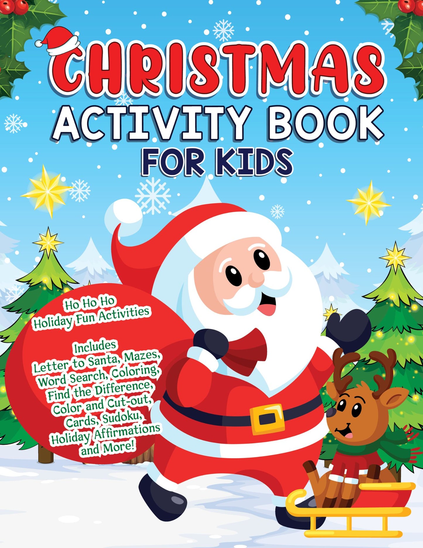 Christmas Activity Book for Kids cover showing Santa, reindeer, and holiday decorations with text listing 47 activities including mazes, puzzles, coloring pages, and letter to Santa template and more