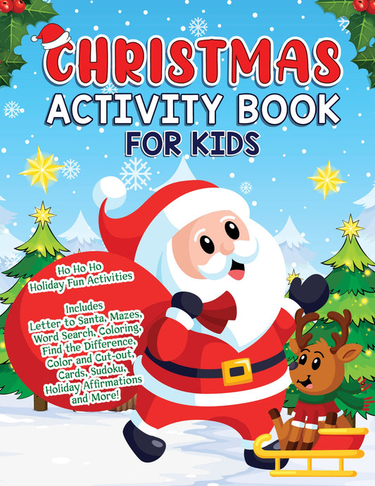 Christmas Activity Book for Kids cover showing Santa, reindeer, and holiday decorations with text listing 47 activities including mazes, puzzles, coloring pages, and letter to Santa template and more