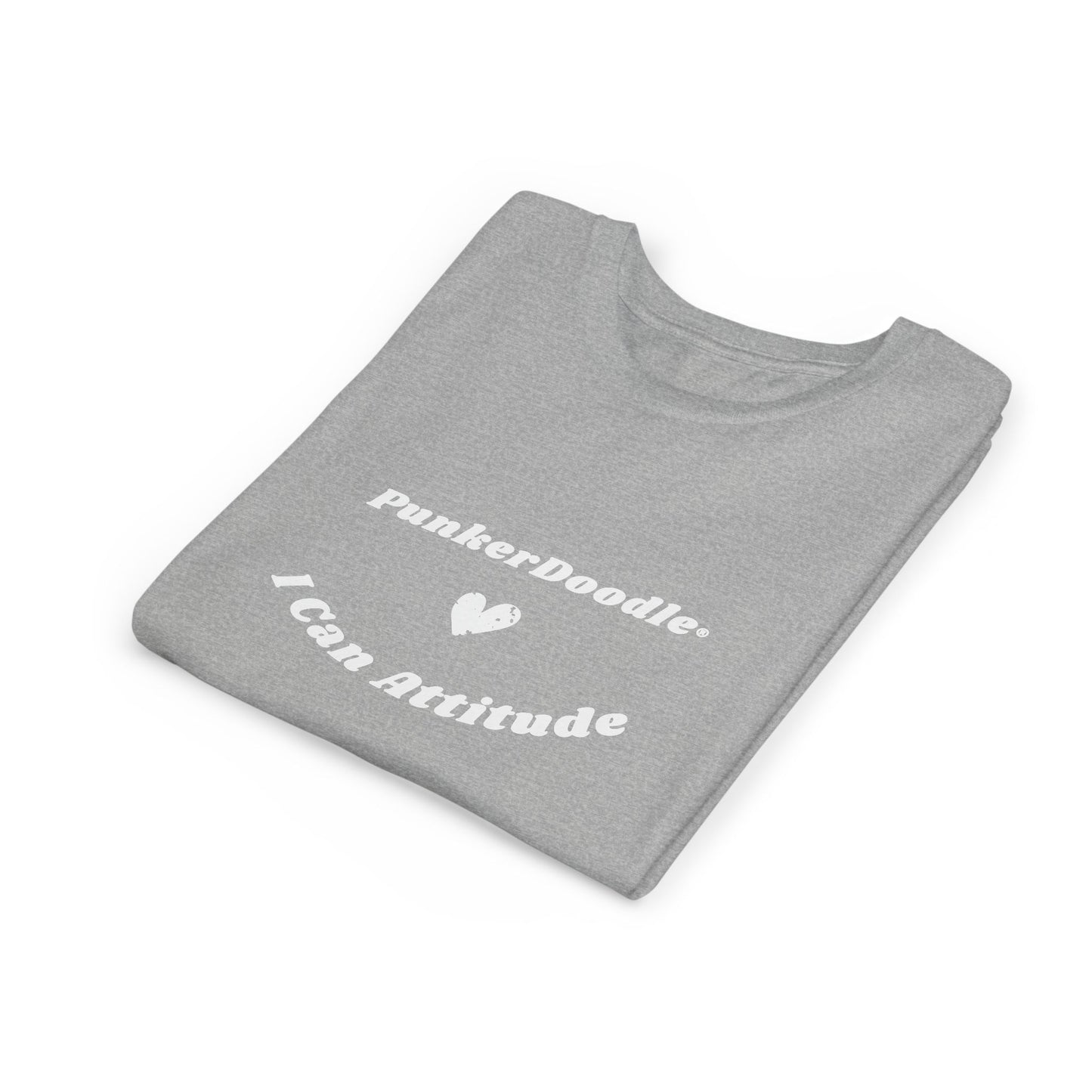 Folded Athletic Heather youth tee with bold I Can Attitude™ and heart graphic, designed to empower kids