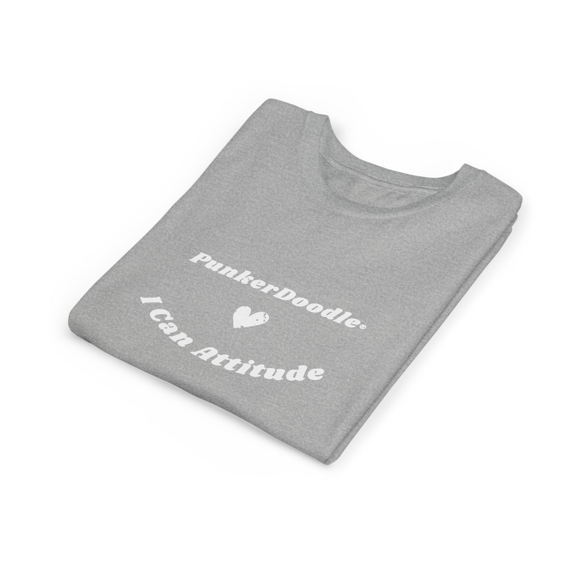 Folded Athletic Heather youth tee with bold I Can Attitude™ and heart graphic, designed to empower kids