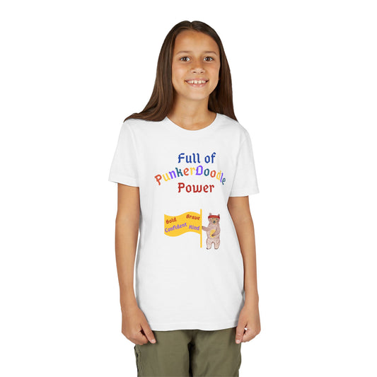 oung child wearing white Full of PunkerDoodle Power shirt with uplifting message and colorful design